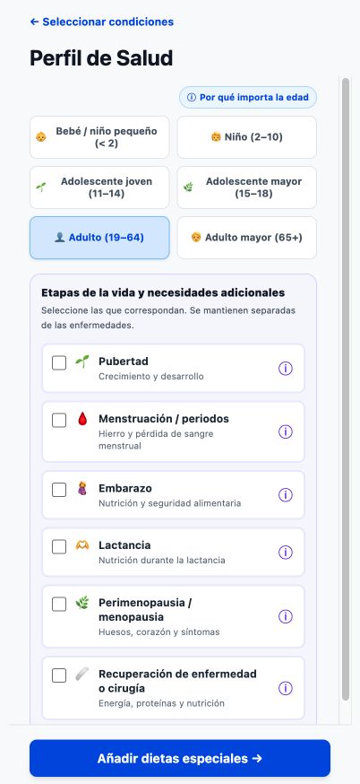 Página actual de rango de edad y etapas de la vida de Good4Me?