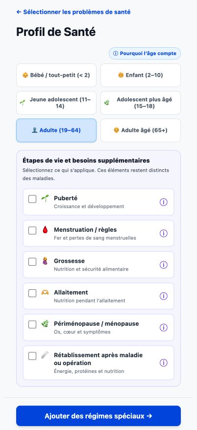 Page actuelle de Good4Me? sur les tranches d'âge et les étapes de vie