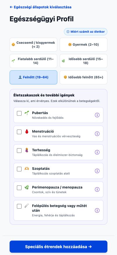 A Good4Me? aktuális Korosztály és Életszakaszok oldala