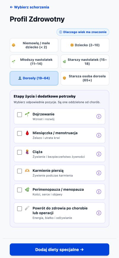 Aktualna strona Good4Me? Zakres wieku i etapy życia