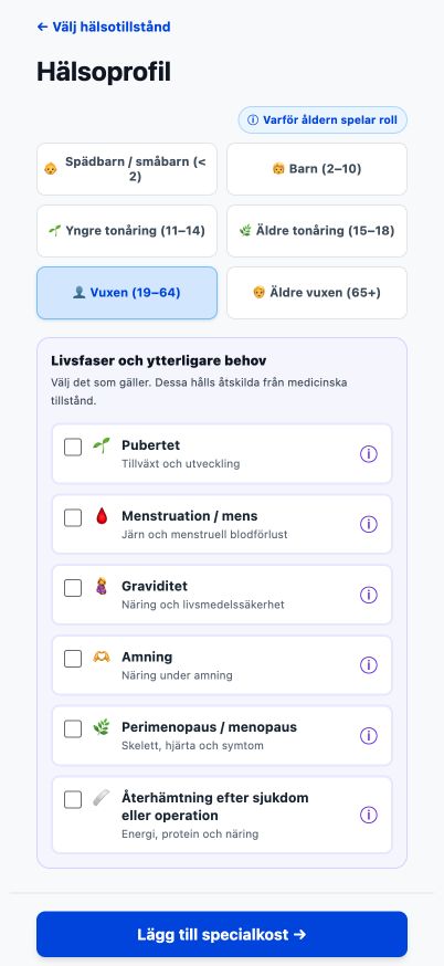 Nuvarande Good4Me? Sida för Åldersintervall och Livsskeden