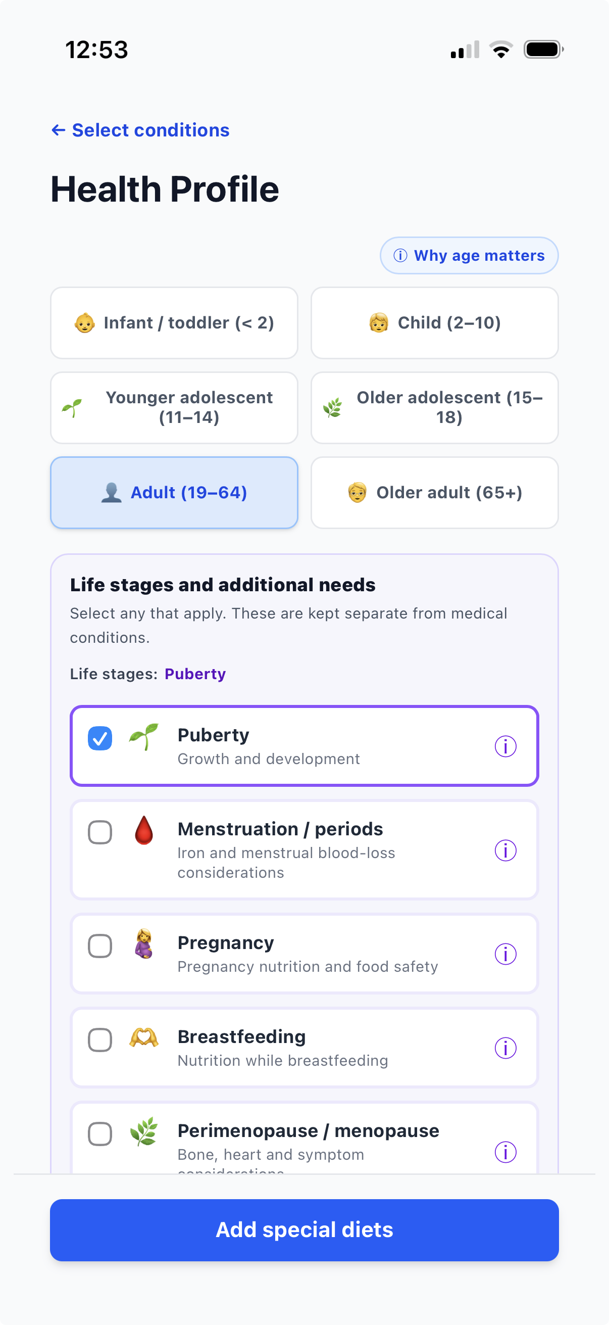 Current Good4Me? Age Range and Life Stages page