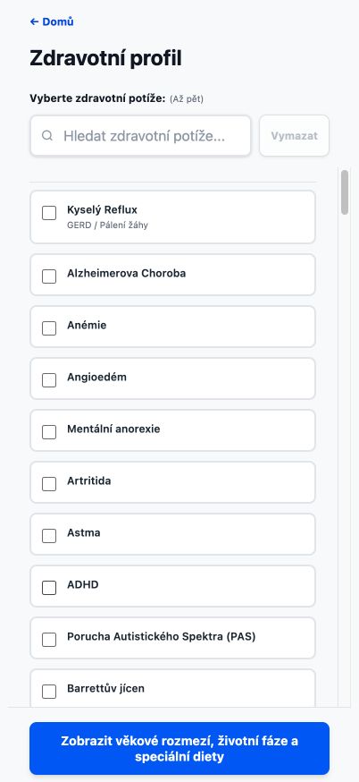 Aktuální zdravotní profil Good4Me? zobrazující vyhledávatelné zdravotní stavy