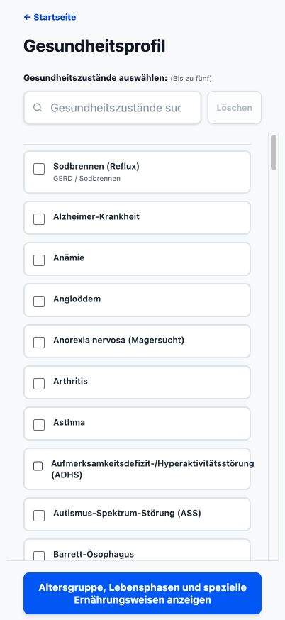 Aktuelles Good4Me? Gesundheitsprofil mit durchsuchbaren Gesundheitszuständen