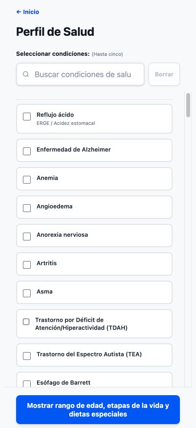 Perfil de salud actual de Good4Me? mostrando condiciones de salud que se pueden buscar.