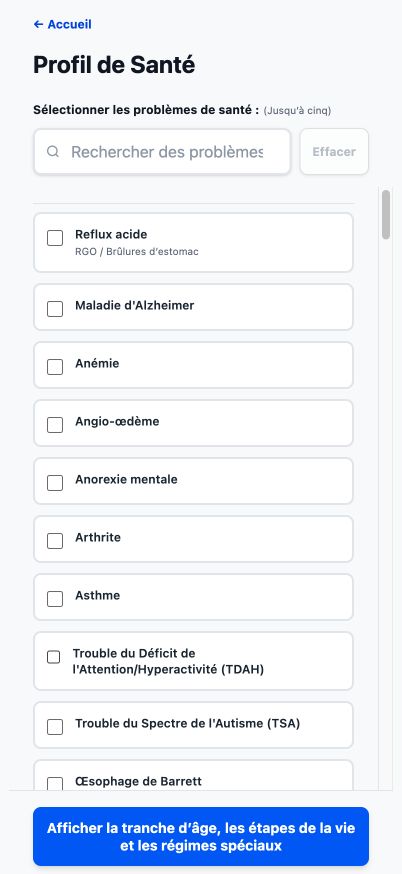 Profil de santé actuel Good4Me? affichant les conditions de santé recherchables