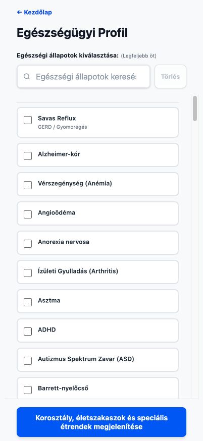 A Good4Me? aktuális Egészségügyi Profilja kereshető egészségügyi állapotokkal