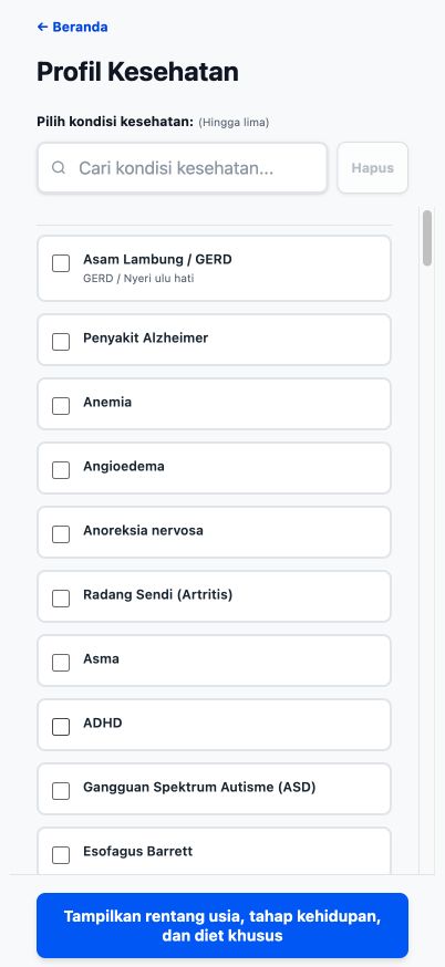 Profil Kesehatan Good4Me? saat ini menampilkan kondisi kesehatan yang dapat dicari