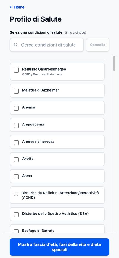 Profilo sanitario attuale di Good4Me? che mostra le condizioni di salute ricercabili