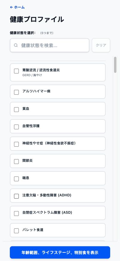 検索可能な健康状態を表示する現在のGood4Me?健康プロフィール