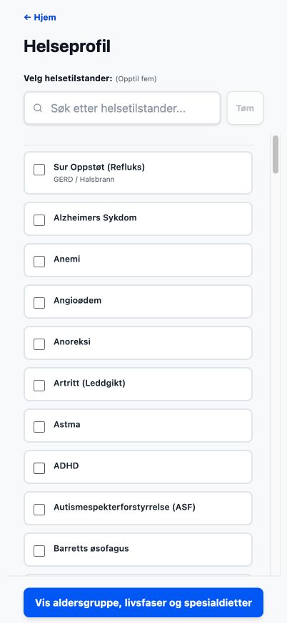 Nåværende Good4Me? Helseprofil som viser søkbare helsetilstander