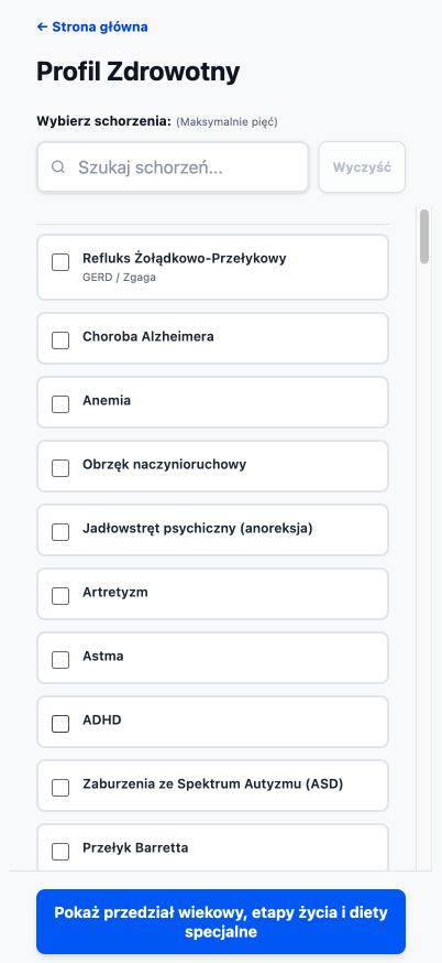 Aktualny profil zdrowotny Good4Me? pokazujący wyszukiwalne schorzenia