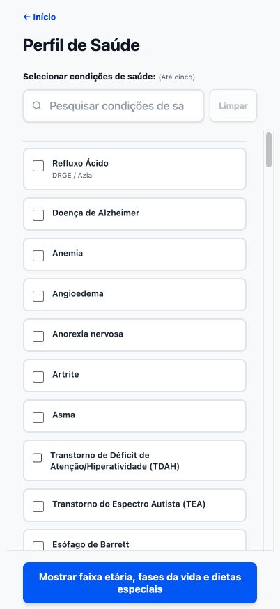 Perfil de Saúde atual do Good4Me? mostrando condições de saúde pesquisáveis