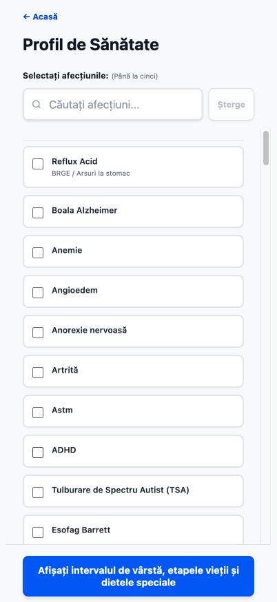 Profilul de sănătate actual Good4Me? care afișează afecțiuni de sănătate căutabile