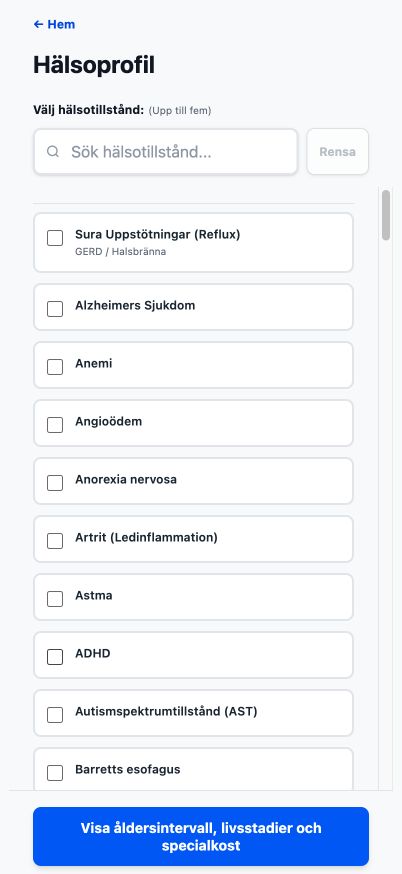 Nuvarande Good4Me? Hälsoprofil som visar sökbara hälsotillstånd