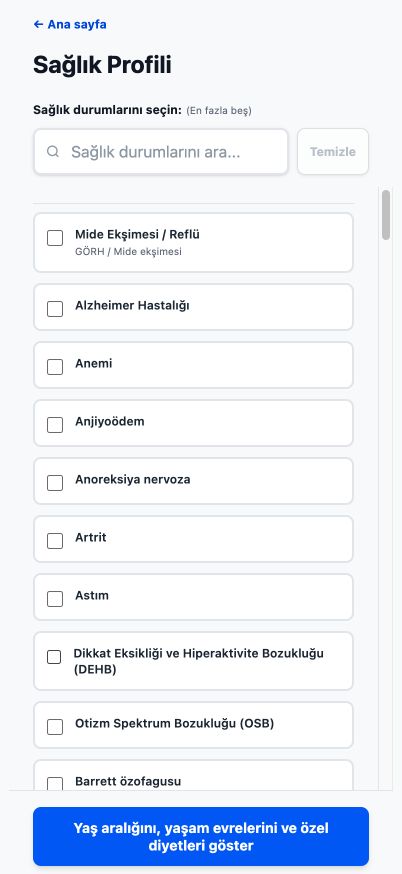 Aranabilir sağlık koşullarını gösteren mevcut Good4Me? Sağlık Profili