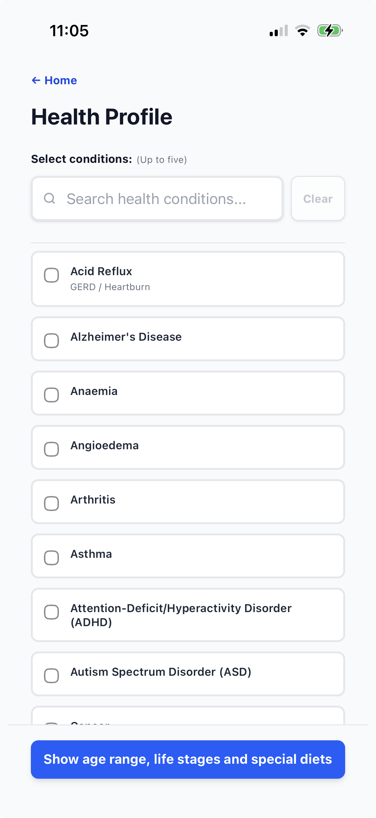 Current Good4Me? Health Profile showing searchable health conditions