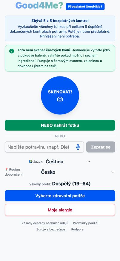 Aktuální domovská obrazovka Good4Me? s tlačítkem SKENOVAT pro fotografování, možností nahrání a textovým polem pro jídlo