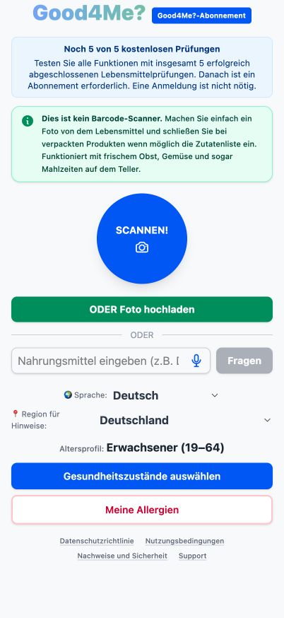 Aktueller Good4Me? Startbildschirm mit der SCANNEN-Fototaste, Upload-Option und Texteingabefeld für Lebensmittel