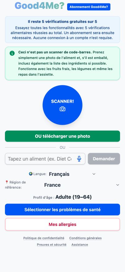 Écran d'accueil actuel de Good4Me? avec le bouton photo SCANNER, l'option de téléchargement et le champ de texte alimentaire