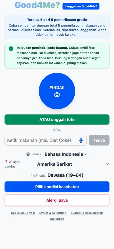 Layar utama Good4Me? saat ini dengan tombol foto PINDAI!, opsi unggah, dan kolom teks makanan