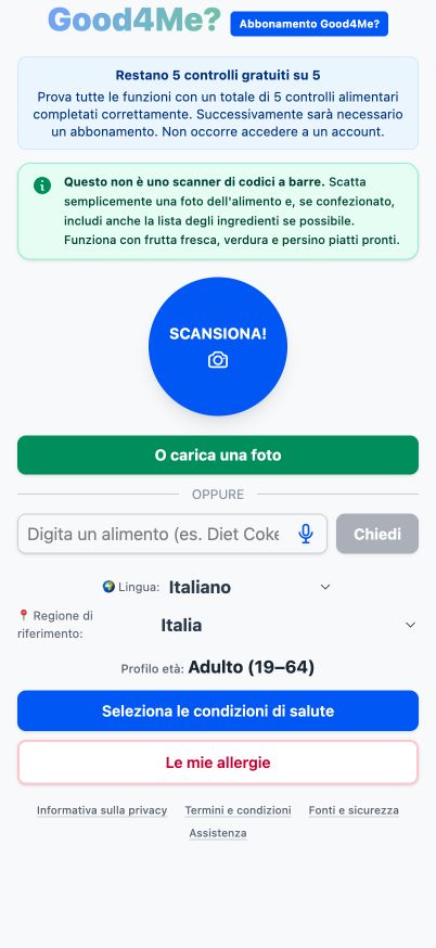 Schermata iniziale attuale di Good4Me? con opzioni di controllo alimentare tramite foto, caricamento e testo