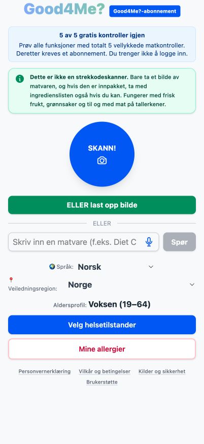 Nåværende Good4Me? startskjerm med SKANN-fotoknappen, opplastingsalternativ og tekstfelt for mat