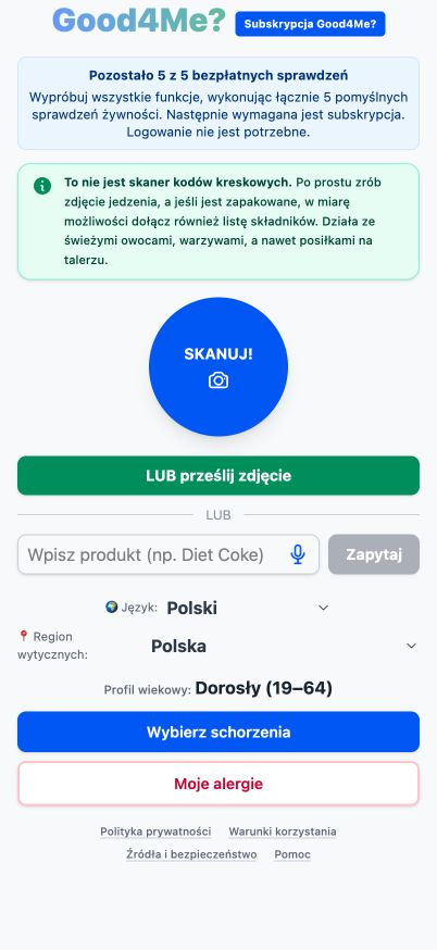 Aktualny ekran główny Good4Me? z opcjami sprawdzania żywności za pomocą zdjęcia, przesłania pliku i wpisania nazwy