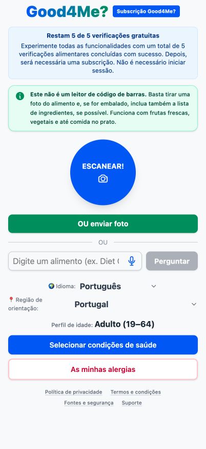 Tela inicial atual do Good4Me? com o botão de foto ESCANEAR, opção de upload e campo de texto para alimentos