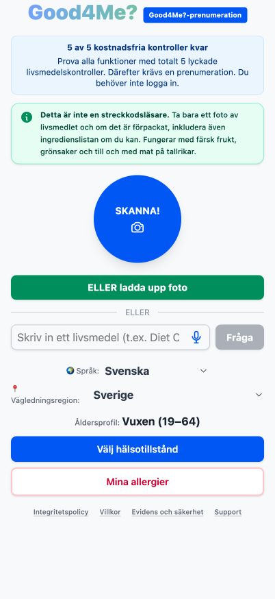 Nuvarande Good4Me? startskärm med alternativ för foto, uppladdning och skriven livsmedelskoll