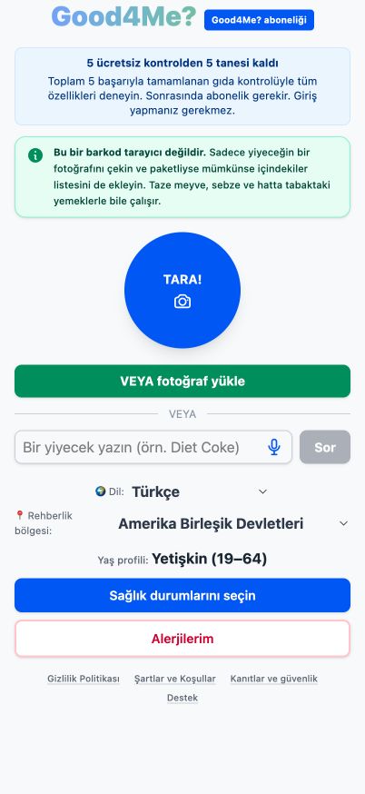 TARA fotoğraf çekme butonu, yükleme seçeneği ve yiyecek metin alanı ile mevcut Good4Me? ana ekranı