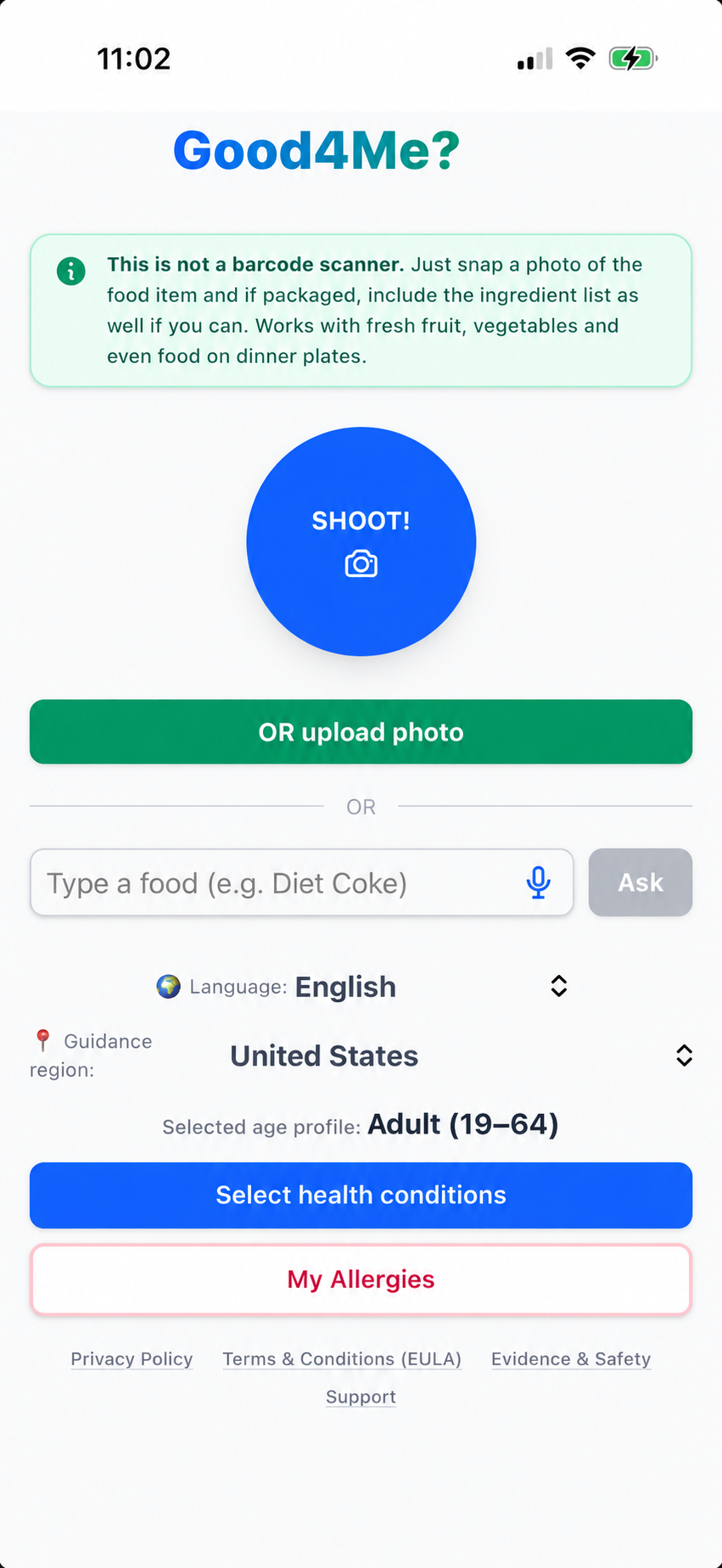 Current Good4Me? home screen with the SHOOT photo button, upload option and food text field