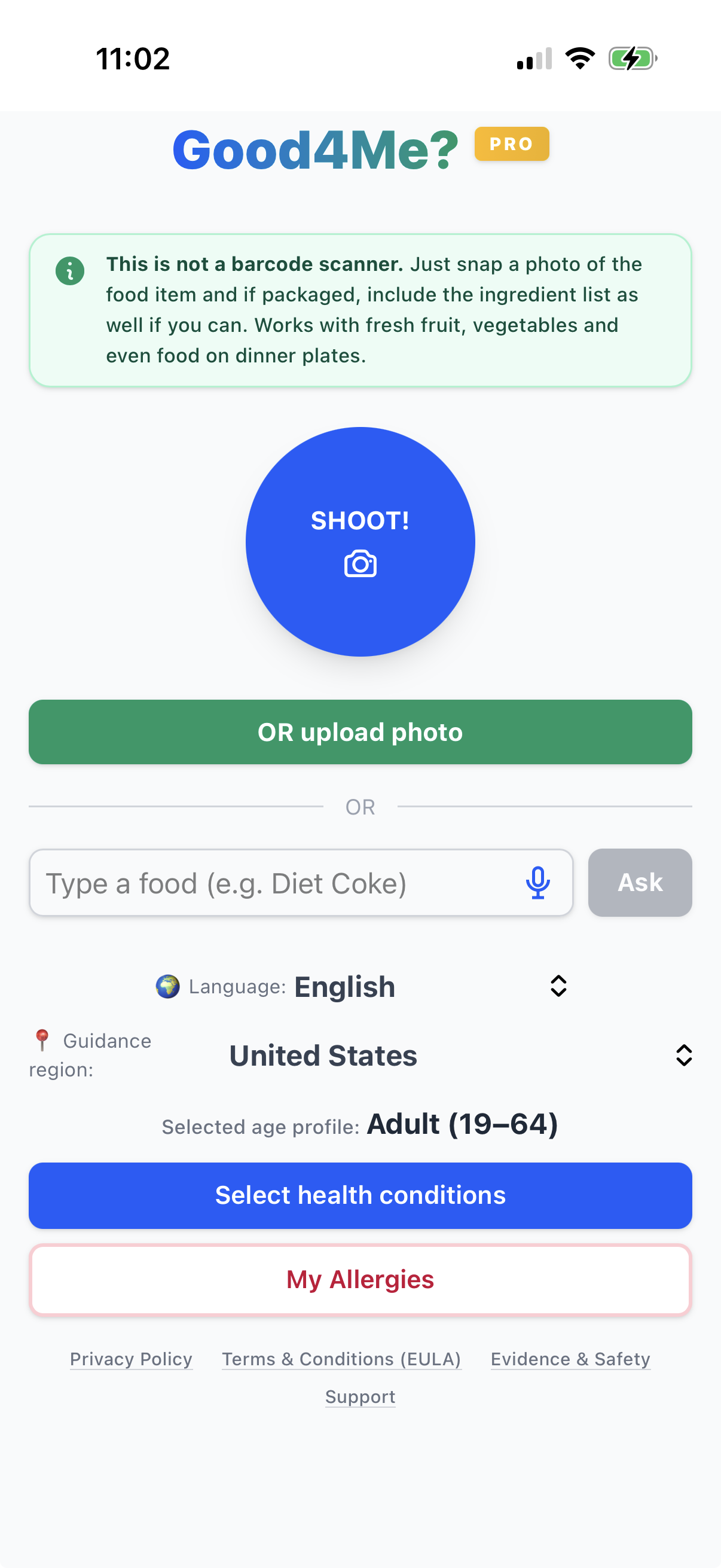 Current Good4Me? PRO home screen with photo, upload and typed food-check options