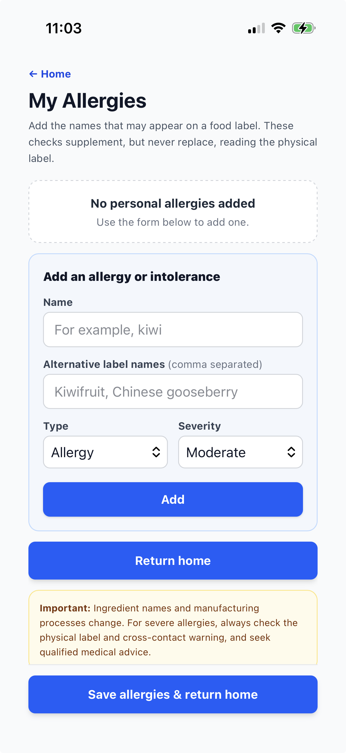 Current Good4Me? My Allergies editor with name, alternative label names, type and severity controls