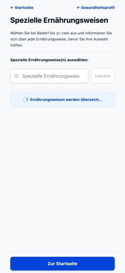 Aktuelle Good4Me? Seite für spezielle Ernährungsweisen mit durchsuchbaren Ernährungsoptionen