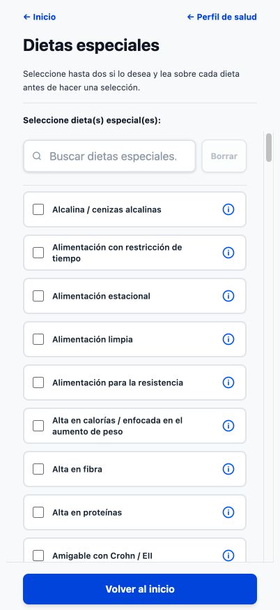 Página actual de Dietas Especiales de Good4Me? con opciones de dieta que se pueden buscar.