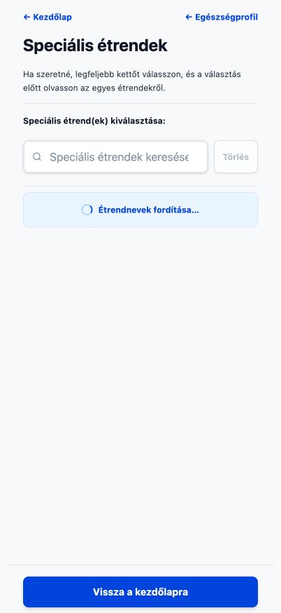 A Good4Me? aktuális Speciális diéták oldala kereshető diétaválasztékokkal
