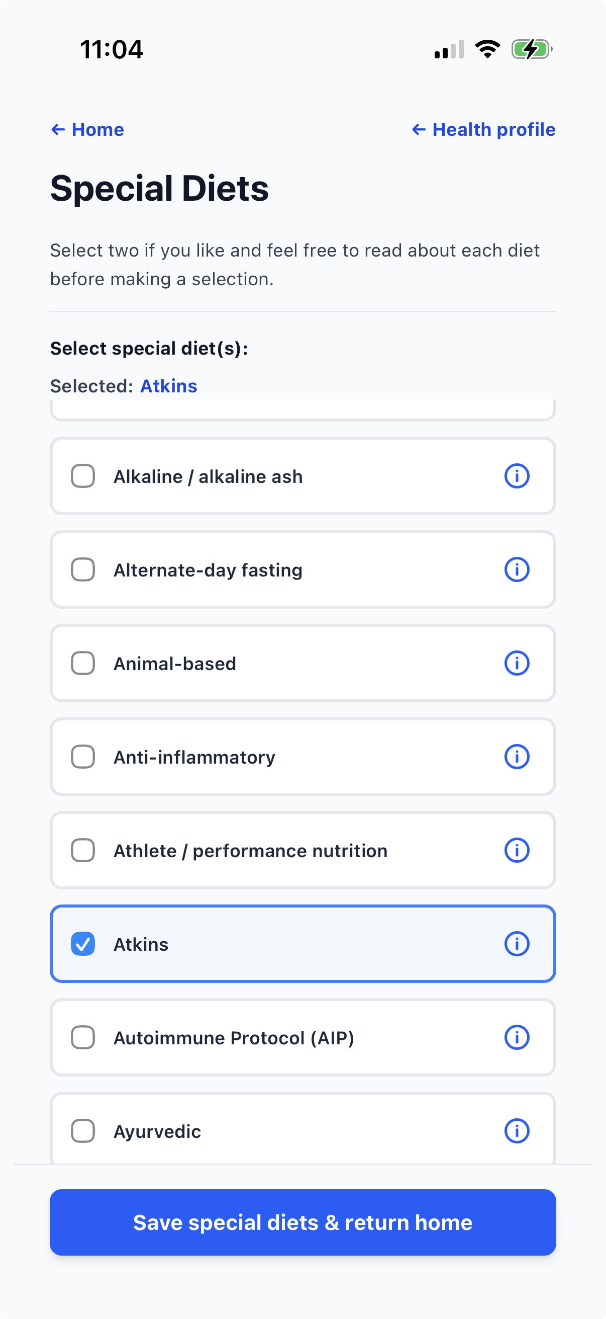 Current Good4Me? Special Diets page with searchable diet choices