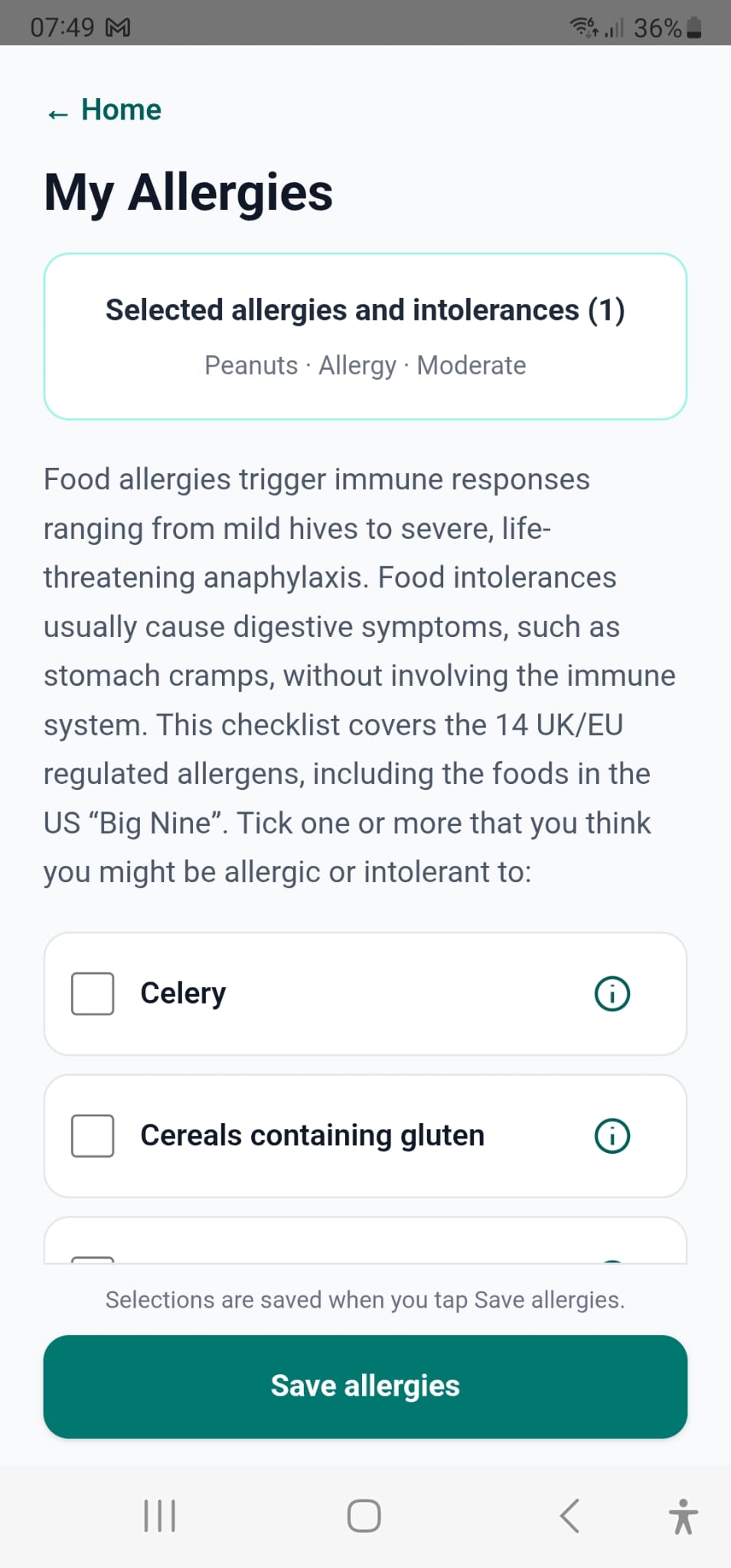 Current Good4Me? My Allergies editor