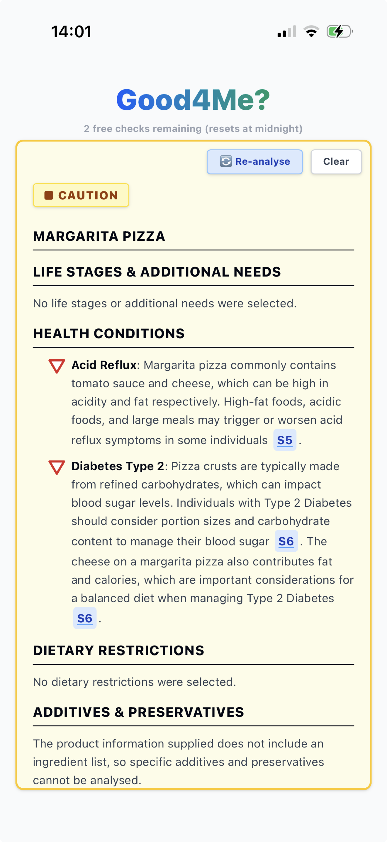 Good4Me? personalised food analysis for a margarita pizza