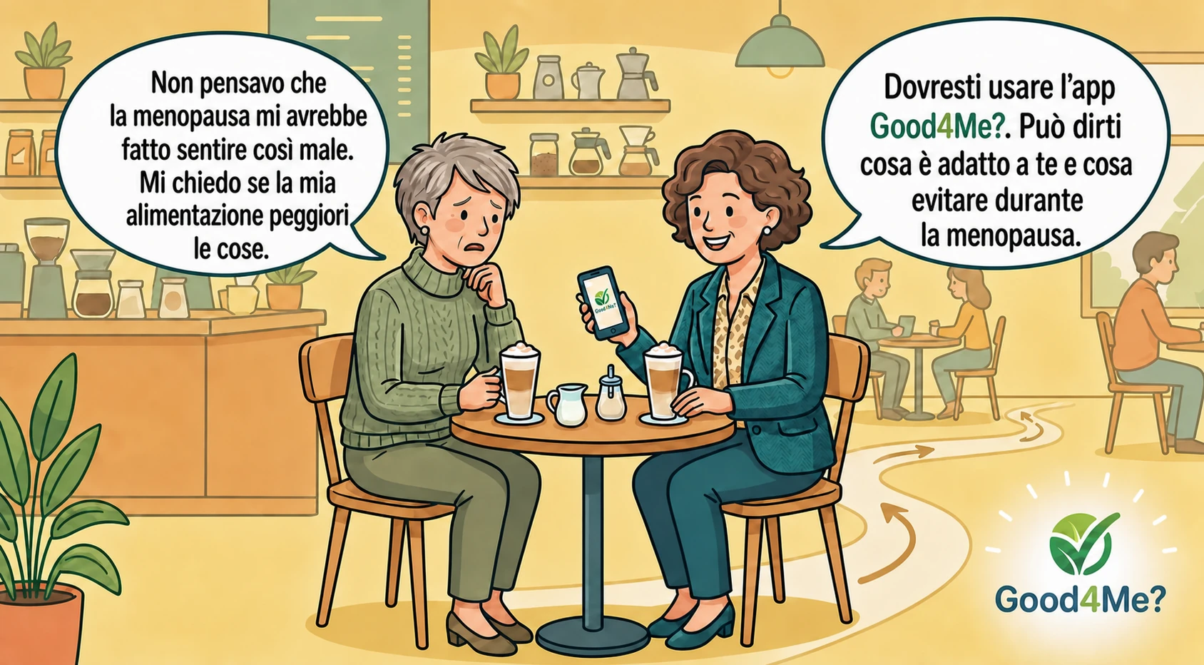 Amiche che parlano in italiano di Good4Me? e della menopausa