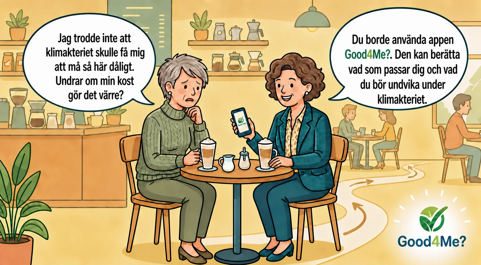 Vänner pratar på svenska om Good4Me? och klimakteriet