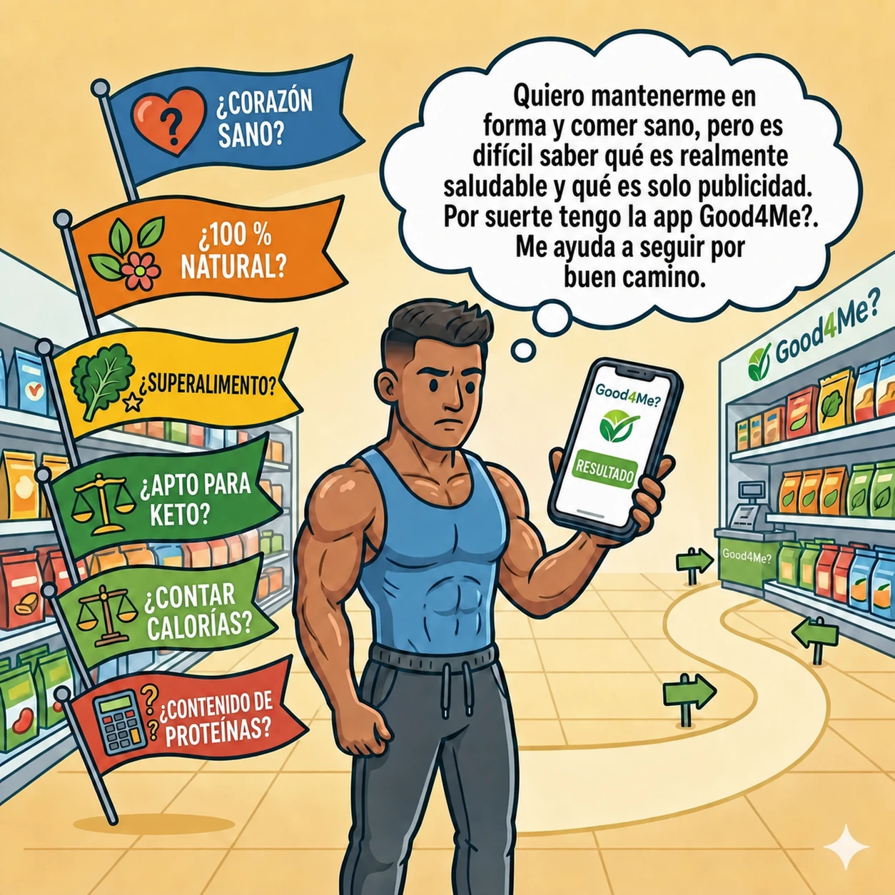 Hombre activo con un bocadillo de pensamiento en español sobre alimentación saludable