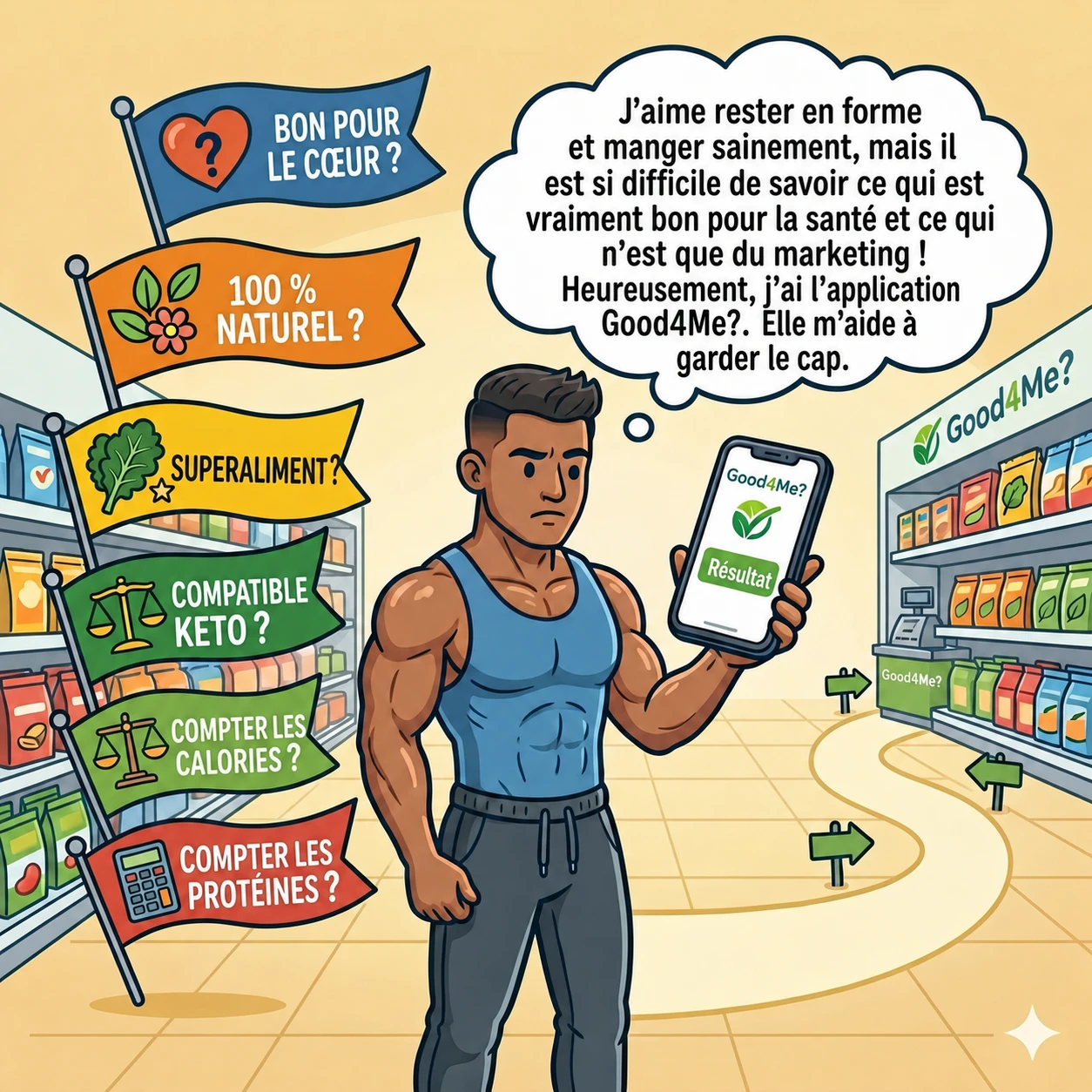 Homme actif avec une bulle de pensée en français sur l’alimentation saine