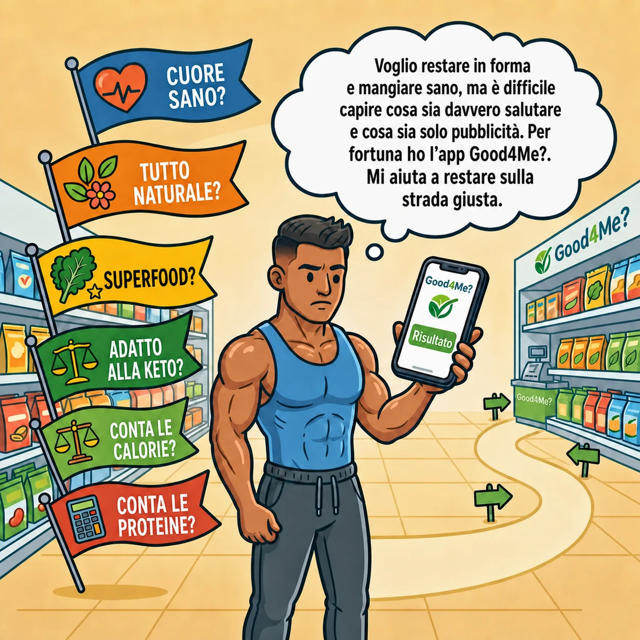 Uomo attivo che considera scelte alimentari sane