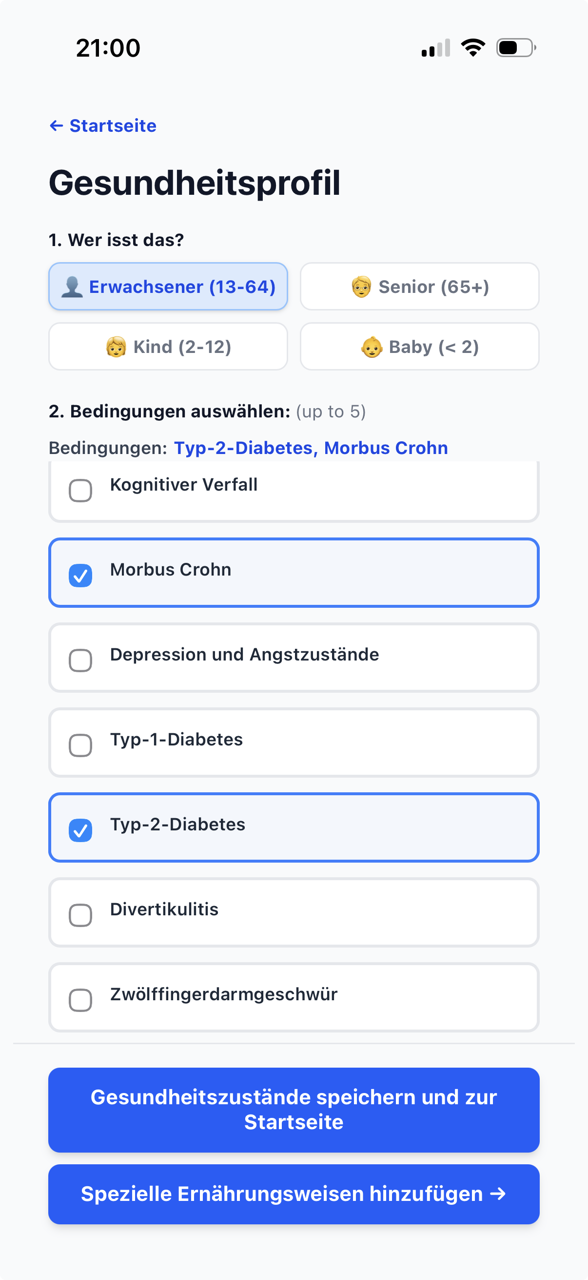 Gesundheitszustände hinzufügen
