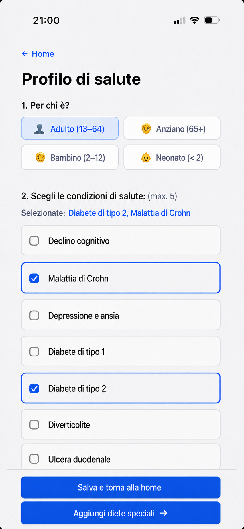 Aggiungi le condizioni di salute