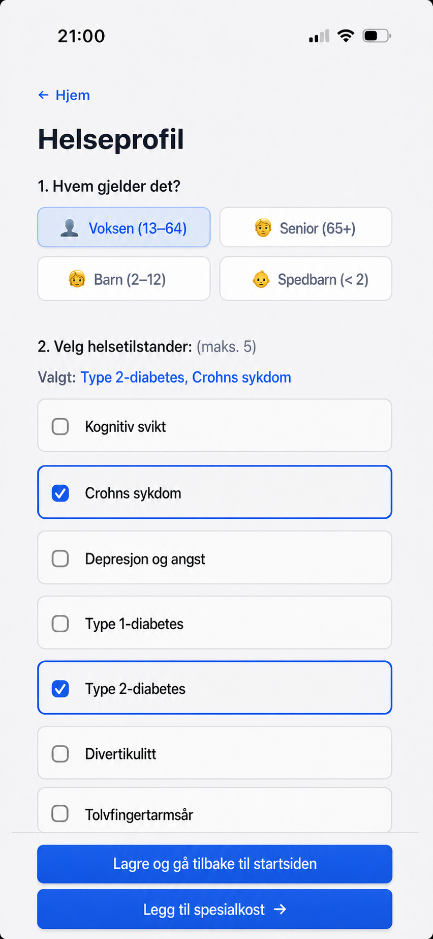 Legg til helsetilstander
