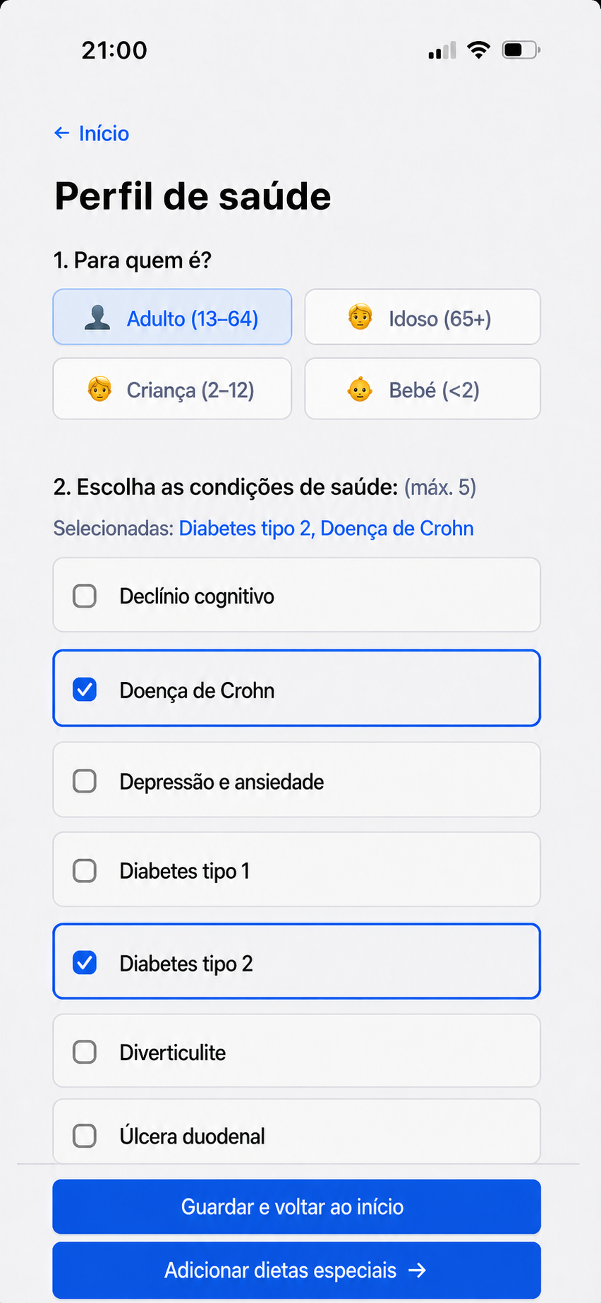 Adicione condições de saúde