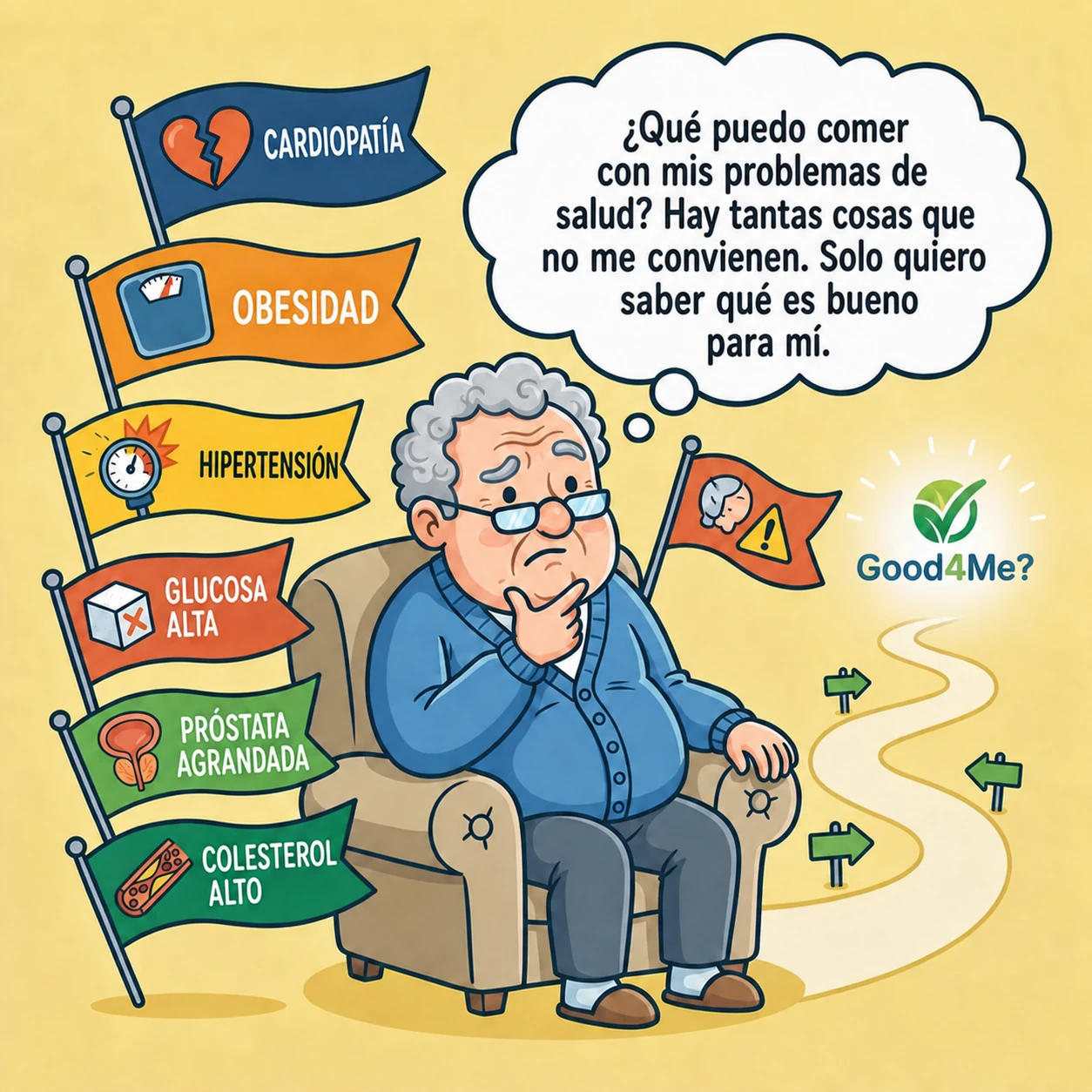Hombre mayor con un bocadillo de pensamiento en español sobre su alimentación